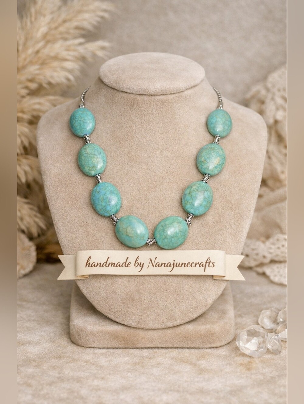 Boho Turquoise Gemstone Necklace — Handmade Oval Beads Southwestern 381